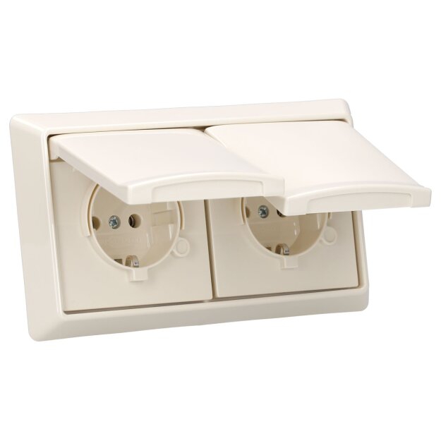 Busch-Jaeger Allwetter 44 Set: 2x SCHUKO Steckdose mit Klappdeckel  20 EUGK-32-101 IP 44+ 2-fach Rahmen 2102-32, Weiß