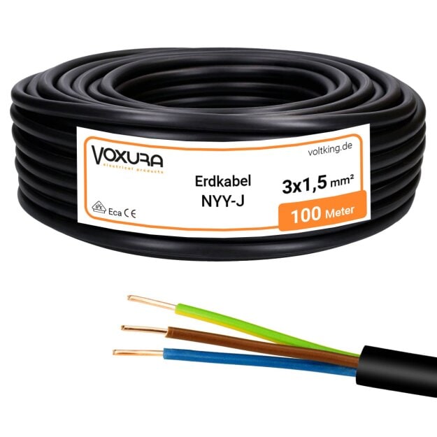 Erdkabel NYY-J 3x1,5 mm² 100m Ring 3-adrig PVC Schwarz