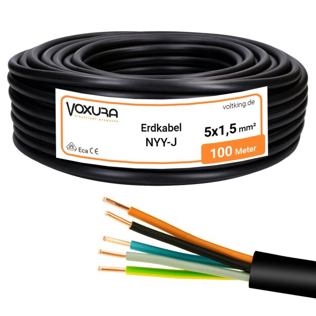 Erdkabel NYY-J 5x1,5 mm² 100m Ring 5-adrig PVC Schwarz