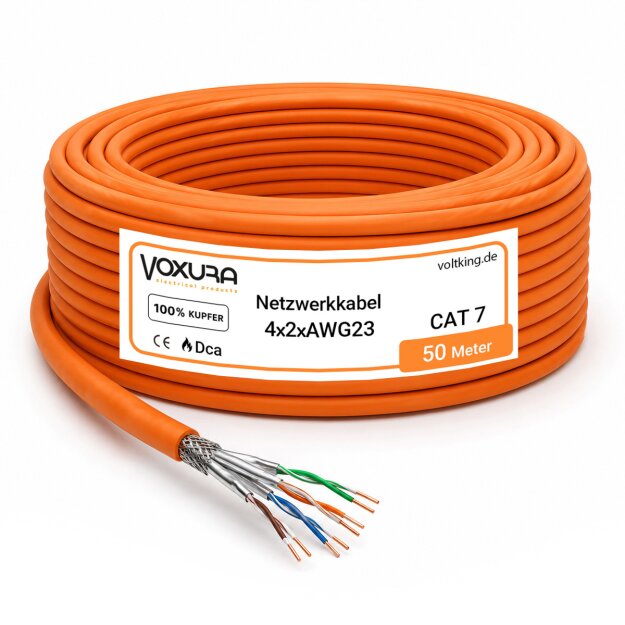Netzwerkkabel CAT.7 AWG23 Simplex 50m Ring 1000 MHz Datenkabel Kupfer S/FTP Verlegekabel Kat 7 Cat7