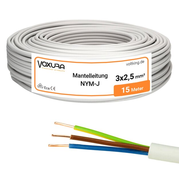 Mantelleitung NYM-J 3x2,5 mm² 15m Ring Grau 3-adrig Installationskabel Stromkabel
