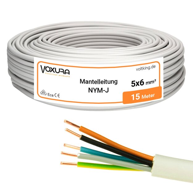 Mantelleitung NYM-J 5x6 mm² 15m Ring Grau 5-adrig Installationskabel Stromkabel