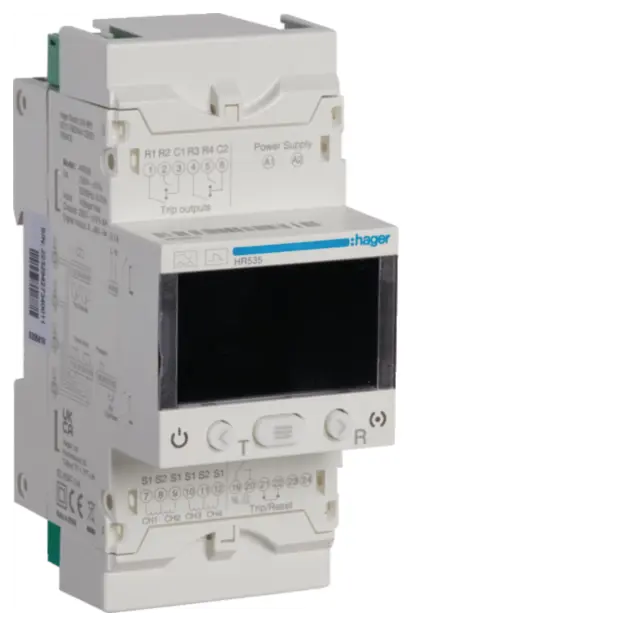 Hager HR535 Fehlerstromschutz-Relais 30mA-30A mit Zeitverzögerung LCD Anzeige 4 Kanal Typ A