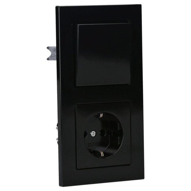 Jung Serie A Komplett-Set Schwarz: A1520KISW SCHUKO® Steckdose mit Berührungsschutz + A590SW Wippe + 506U Wippschalter Universal Aus-Wechsel + AC582SW Rahmen 2fach