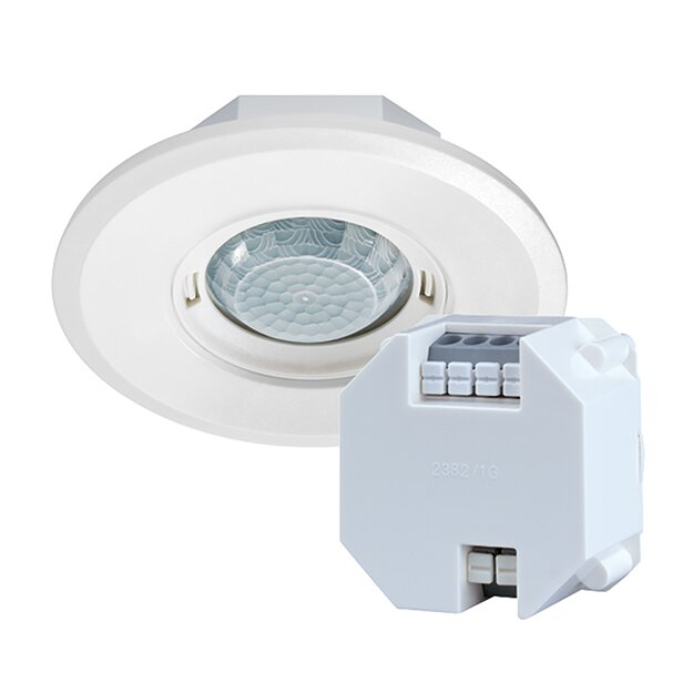 ESYLUX EP10428708 Design-Präsenzmelder DALI im Set mit DALI-Bus-Spannungsversorgung Reichweite ca 8 m im Ø 1 Kanal Unterputz Deckeneinbau rund PD-FLAT 360i/8 ROUND WHITE DALI SET Weiß
