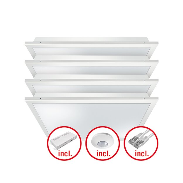 ESYLUX EQ10132421 LED-Leuchtenset mit opaler (MILKY) Abdeckung (Diffusor) LED-Leistung 120W Bestehend aus 4 Leuchten mit 30W Farbtemperatur ca 4000K QUADRO-SET CELINE-2 600 DDP OP 840 IR ELC Weiß