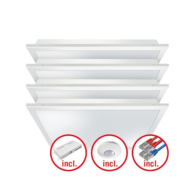 ESYLUX EQ10132438 LED-Leuchtenset mit opaler (MILKY) Abdeckung (Diffusor) LED-Leistung 120W Bestehend aus 4 Leuchten mit 30W Farbtemperatur ca 2700K-6500K QUADRO-SET CELINE-2 HCL 600 DDP OP 8TW IR ELC Weiß