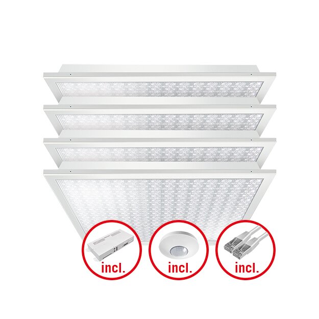 ESYLUX EQ10132445 LED-Leuchtenset mit prismatischer (CRYSTAL) Abdeckung (Diffusor) LED-Leistung 120W Bestehend aus 4 Leuchten mit 30W Farbtemperatur ca 4000K QUADRO-SET CELINE-2 600 DDP TR 840 IR ELC Weiß