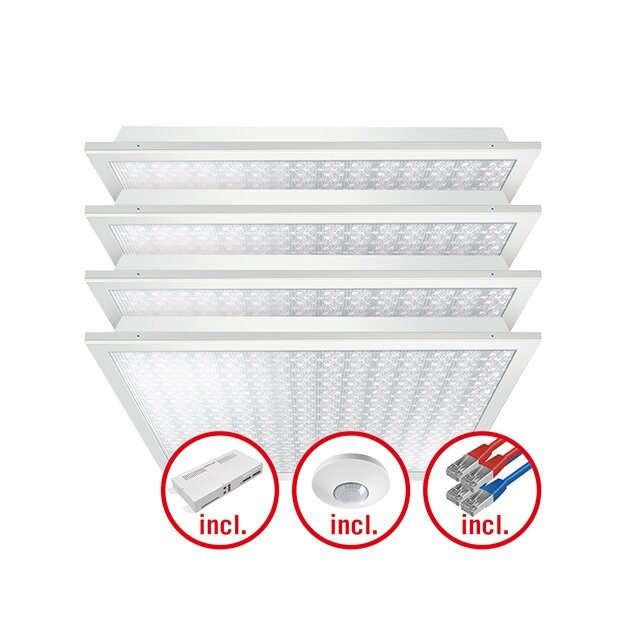 ESYLUX EQ10132452 LED-Leuchtenset mit prismatischer (CRYSTAL) Abdeckung (Diffusor) LED-Leistung 120W Bestehend aus 4 Leuchten mit 30W Farbtemperatur ca 2700K-6500K QUADRO-SET CELINE-2 HCL 600 DDP TR 8TW IR ELC Weiß