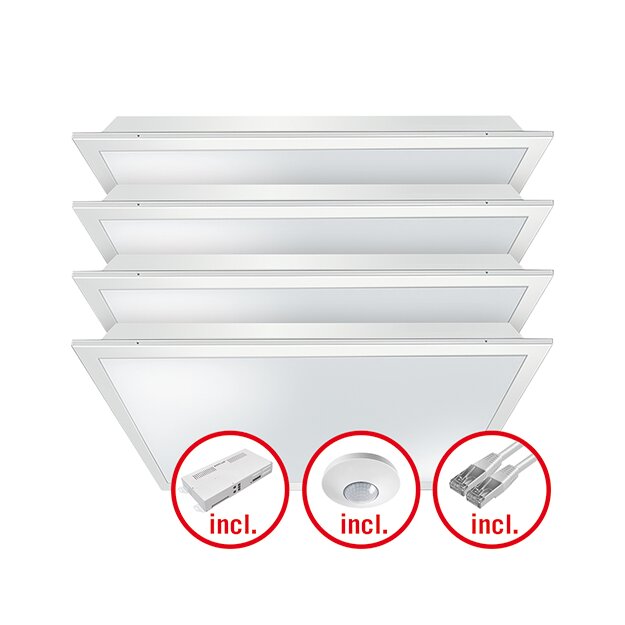 ESYLUX EQ10132469 LED-Leuchtenset mit opaler (MILKY) Abdeckung (Diffusor) LED-Leistung 120W Bestehend aus 4 Leuchten mit 30W Farbtemperatur ca 4000K QUADRO-SET CELINE-2 625 DDP OP 840 IR ELC Weiß