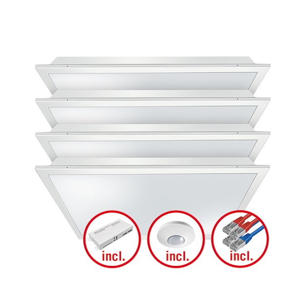 ESYLUX EQ10132476 LED-Leuchtenset mit opaler (MILKY) Abdeckung (Diffusor) LED-Leistung 120W Bestehend aus 4 Leuchten mit 30W Farbtemperatur ca 2700K-6500K QUADRO-SET CELINE-2 HCL 625 DDP OP 8TW IR ELC Weiß