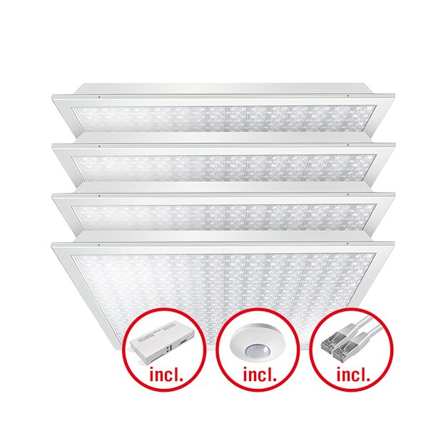 ESYLUX EQ10132483 LED-Leuchtenset mit prismatischer (CRYSTAL) Abdeckung (Diffusor) LED-Leistung 120W Bestehend aus 4 Leuchten mit 30W Farbtemperatur ca 4000K QUADRO-SET CELINE-2 625 DDP TR 840 IR ELC Weiß