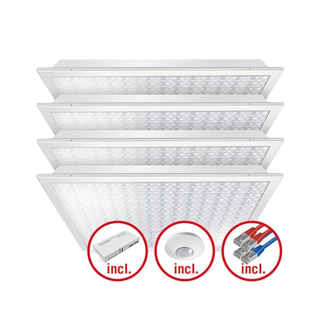 ESYLUX EQ10132490 LED-Leuchtenset mit prismatischer (CRYSTAL) Abdeckung (Diffusor) LED-Leistung 120W Bestehend aus 4 Leuchten mit 30W Farbtemperatur ca 2700K-6500K QUADRO-SET CELINE-2 HCL 625 DDP TR 8TW IR ELC Weiß
