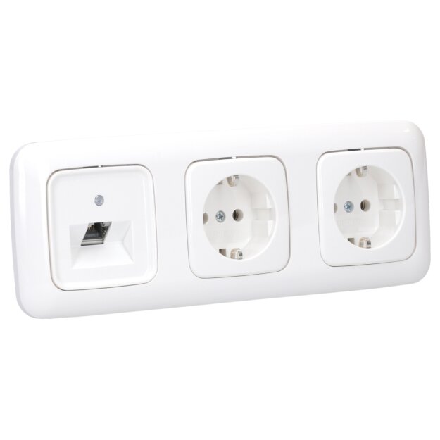 Busch-Jaeger Reflex SI Set: 1x Rutenbeck Anschlussdose flex 136104030 mit Zentralscheibe + 2x 20 EUC-214 SCHUKO® Steckdosen-Einsatz + 1x 2513-214 3-fach Rahmen Alpinweiß
