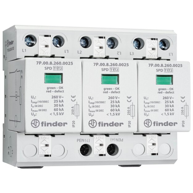 Finder SPD Überspannungsableiter 7P.03.8.260.1025 Typ 1+2 3phasig