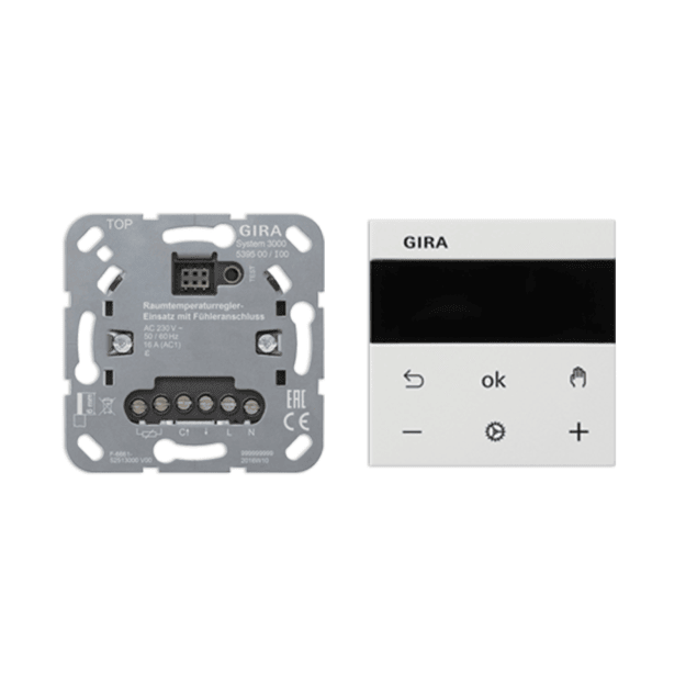 Gira Smart Home Set System 3000: 539500 Raumtemperaturregler-Einsatz mit Fühleranschluss + 539403 Raumtemperaturregler BT System 55 Alpinweiß