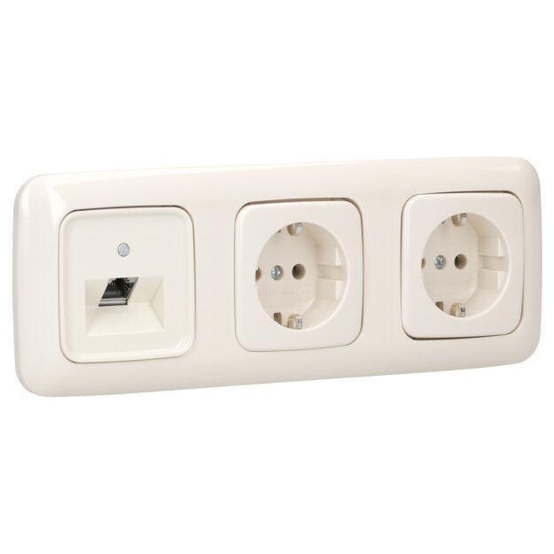 Busch-Jaeger Busch-Duro 2000 SI Set: 1x Rutenbeck Anschlussdose flex 136104030 mit Zentralscheibe + 2x 20 EUC-212 SCHUKO Steckdosen-Einsatz + 1x 2513-212 3-fach Rahmen Cremeweiß