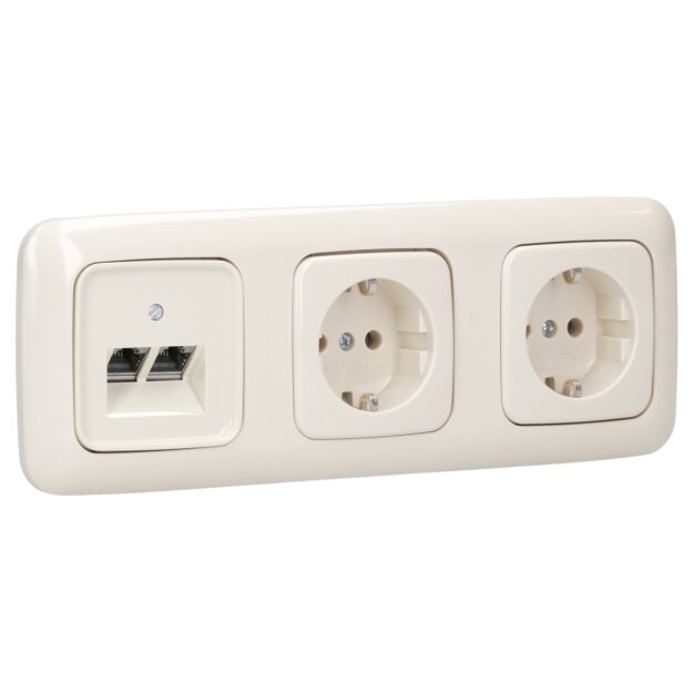Busch-Jaeger Busch-Duro 2000 SI Set: 1x Rutenbeck Anschlussdose 136104070 UAE-Cat.6A iso-8/8 Up 0 mit Zentralscheibe 2-fach + 2x 20 EUC-212 Steckdose + 1x 2513-212 3-fach Rahmen Cremeweiß