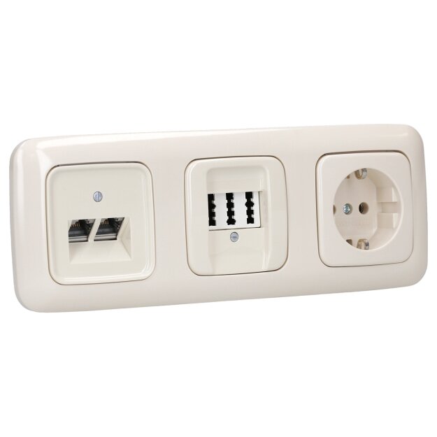 Busch-Jaeger Busch-Duro 2000 SI Set: Rutenbeck Anschlussdose 136104070 UAE-Cat.6A iso-8/8 Up 0 & Zenrtalscheibe + Telefondose TAE 3x6 NFN Up0 rw & Zenrtalscheibe + 20 EUC-212 Steckdose + 2523-212 Rahmen Cremeweiß