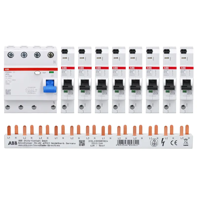 ABB FlexLine Set 8x SX201-B16 mit FI-Schutzschalter und Phasenschiene