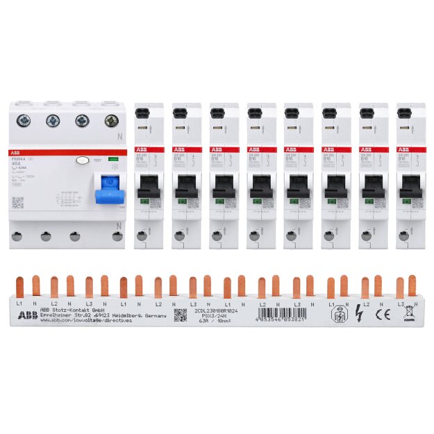 ABB FlexLine Set: 8x SX201-B16 Sicherungsautomat B + 1x FX204 A-40A/0.03 FI-Schutzschalter + 1x PSX3/24N Phasenschiene