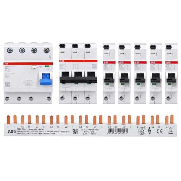ABB FlexLine Set: 5x SX201-B16 Sicherungsautomat B + 1x SX203-B16 Sicherungsautomat B + 1x FX204 A-40A/0.03 FI-Schutzschalter + 1x PSX3/24N Phasenschiene
