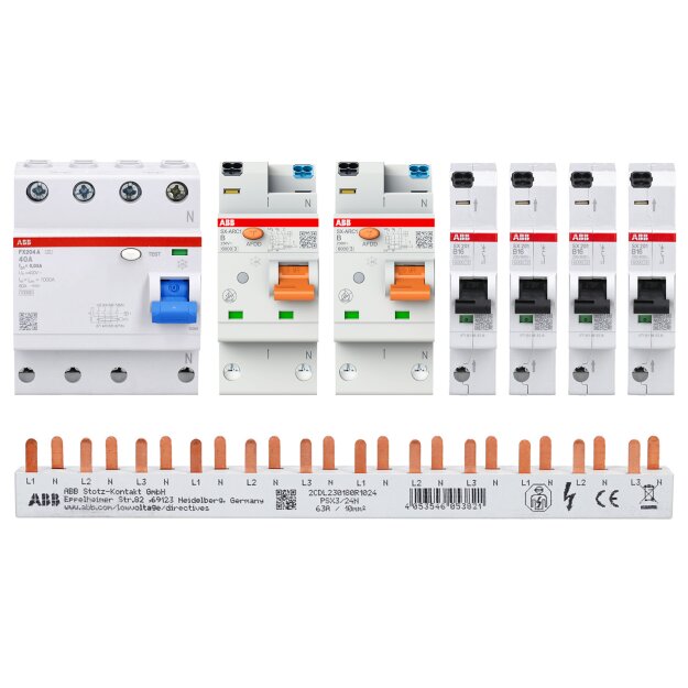 ABB FlexLine Set: 4x SX201-B16 Sicherungsautomat B + 1x FX204 A-40A/0.03 FI-Schutzschalter + 2x SX-ARC1 B16 Fehlerlichtbogen-Schutzeinrichtung + LS + 1x PSX3/24N Phasenschiene