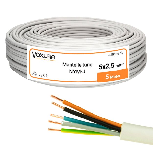 Mantelleitung NYM-J 5x2,5 mm² 5m Ring Grau 5-adrig Installationskabel Stromkabel