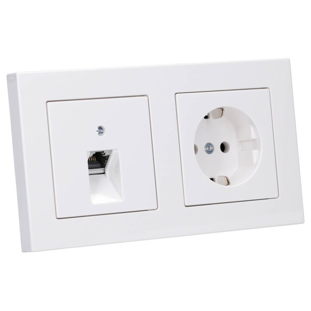 Jung Serie A Komplett-Set Alpinweiß: Cat.6A iso-Anschlussdose UAE-Cat.6A iso-8 Up 0 + A569-1PLUAWW Abdeckung f. IAE/UAE-Anschlussdose  + A1520WW SCHUKO Steckdose + A5582BFWW 2-fach Rahmen