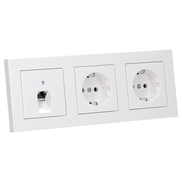 Jung Serie A Komplett-Set Alpinweiß: Cat.6A iso-Anschlussdose UAE-Cat.6A iso-8 Up 0 + A569-1PLUAWW Abdeckung f. IAE/UAE-Anschlussdose + 2x A1520WW SCHUKO Steckdose + A5583BFWW 3-fach Rahmen