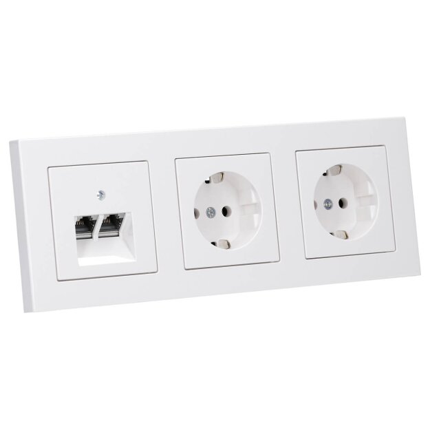 Jung Serie A Komplett-Set Alpinweiß: Cat.6A iso-Anschlussdose UAE-Cat.6A iso-8/8 Up 0 + A569-2BFPLUAWW Abdeckung f. IAE/UAE-Anschlussdose + 2x A1520WW SCHUKO Steckdose + A5583BFWW 3-fach Rahmen