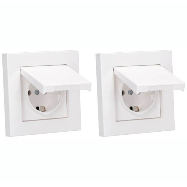 2x JUNG A IP 44 Set Alpinweiß: A1520KLWW SCHUKO Klappdeckelsteckdose + 551WU Dichtungsflansch + A5581BFWW Rahmen 1-fach