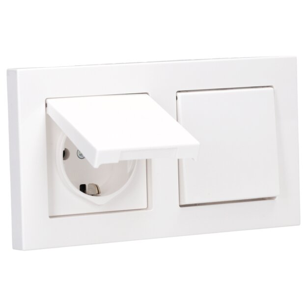 JUNG A IP 44 Set Alpinweiß: 2x A1520KLWW SCHUKO Klappdeckelsteckdose + 2x 551WU Dichtungsflansch + A5582BFWW Rahmen 2-fach