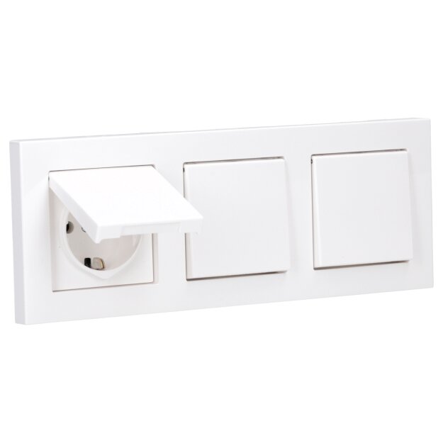 JUNG A IP 44 Set Alpinweiß: 3x A1520KLWW SCHUKO Klappdeckelsteckdose + 3x 551WU Dichtungsflansch + A5583BFWW Rahmen 3-fach