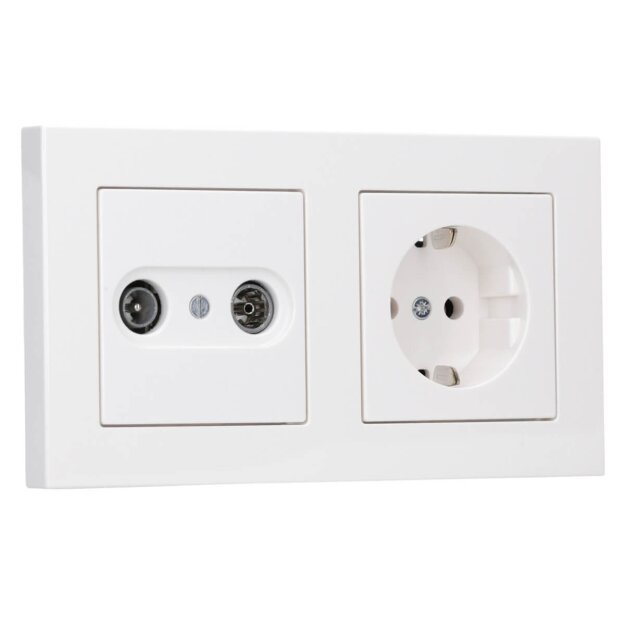 Jung Serie A Komplett-Set Alpinweiß: Antennensteckdose EDU 04 F + A561PLTVWW Abdeckung f. Antennen-Steckdose + A1520WW SCHUKO Steckdose +  A5582BFWW Rahmen 2-fach