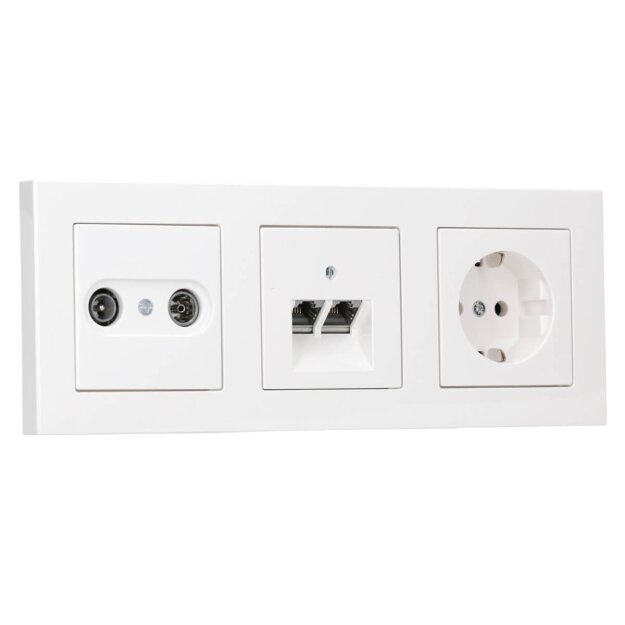 Jung Serie A Komplett-Set Alpinweiß: Antennensteckdose EDU 04 F + A561PLTVWW Abdeckung + Cat.6A Anschlussdose + A569-2BFPLUAWW Abdeckung + A1520WW SCHUKO Steckdose + A5583BFWW Rahmen 3-fach