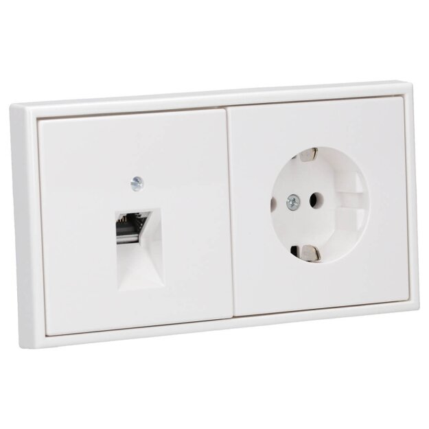 Jung Serie LS Komplett-Set Alpinweiß: Cat.6A iso-Anschlussdose UAE-Cat.6A iso-8 Up 0 + LS969-1UAWW Abdeckung f. IAE/UAE-Anschlussdose + LS1520WW SCHUKO Steckdose + LS982WW Rahmen 2-fach