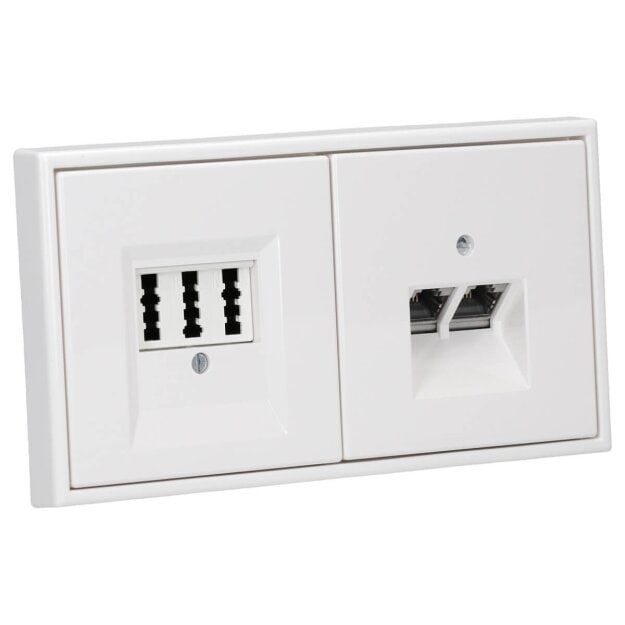 Jung Serie LS Komplett-Set Alpinweiß: Cat.6A iso-Anschlussdose + LS969-2UAWW Abdeckung + TAE-Anschlussdose + LS969TWW Abdeckung f. TAE-Anschlussdose + LS982WW Rahmen 2-fach