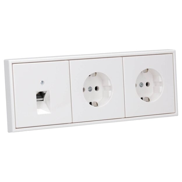 Jung Serie LS Komplett-Set Alpinweiß: Cat.6A iso-Anschlussdose UAE-Cat.6A iso-8 Up 0 + LS969-1UAWW Abdeckung f. IAE/UAE-Anschlussdose + 2x LS1520WW SCHUKO Steckdose + LS983WW Rahmen 3-fach