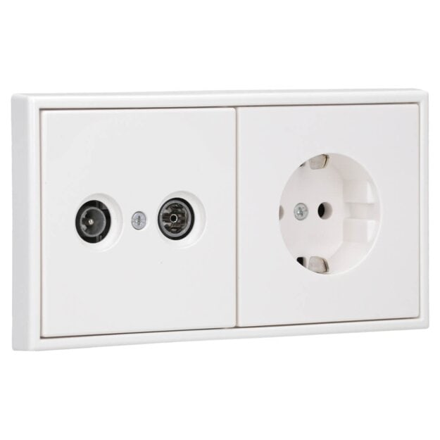 Jung Serie LS Komplett-Set Alpinweiß: Antennensteckdose EDU 04 F + LS990TVWW Abdeckung f. SAT-TV-Steckdose + LS1520WW SCHUKO Steckdose + LS982WW Rahmen 2-fach