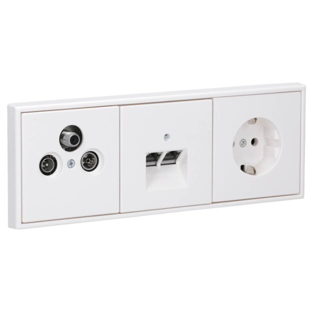 Jung Serie LS Komplett-Set Alpinweiß: 3-Loch Triax EDA 302 F Stichdose SAT/TV/R + Jung LS990SATWW Abdeckung + Cat.6A iso-Anschlussdose + LS969-2UAWW Abdeckung + SCHUKO Steckdose + LS983WW Rahmen 3-fach
