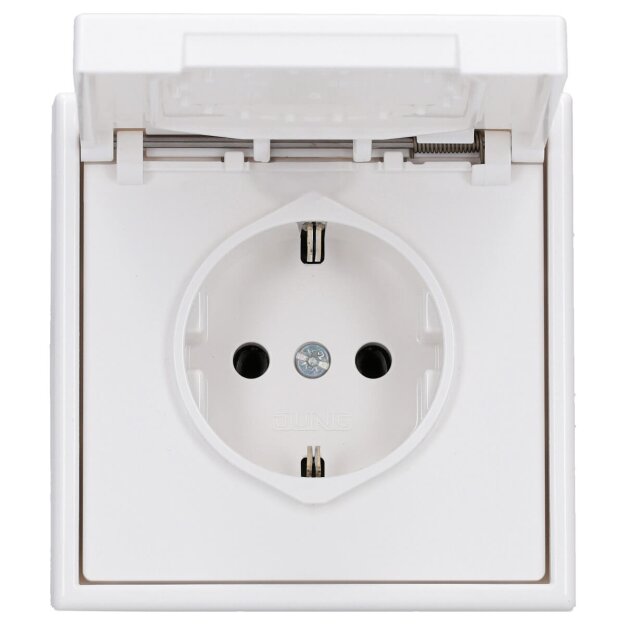 JUNG LS IP 44 Set Alpinweiß: LS1520KLWW SCHUKO Steckdose m. Klappdeckel + 551WU Dichtungsflansch + LS981WW Rahmen 1-fach