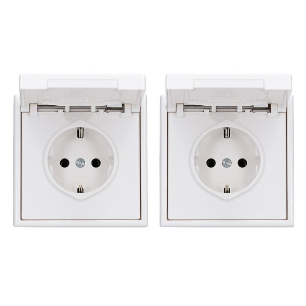 JUNG LS IP 44 Set Alpinweiß 2x: LS1520KLWW SCHUKO Steckdose m. Klappdeckel + 551WU Dichtungsflansch + LS981WW Rahmen 1-fach