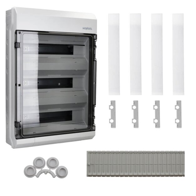 B-WARE Hensel KB-Ware Hensel KV 9354 M Kleinverteiler IP65 mit 54 Teilungseinheiten auf 3 Reihen – Feuchtraum-Verteilerkasten mit metrischen Vorprägungen