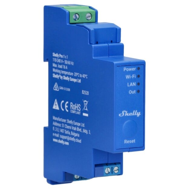 Shelly Schaltermodul auf DIN-Schiene 1 Kanal 16A 110-240V AC WLAN LAN PRO 1 – Wi-Fi • DIN‑Schiene • Relais