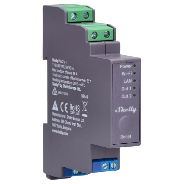 Shelly Schaltermodul auf DIN-Schiene 2 Kanäle 2x16A max. Last 25A 110-240V AC WLAN LAN PRO 2 – Wi-Fi • DIN‑Schiene • Relais