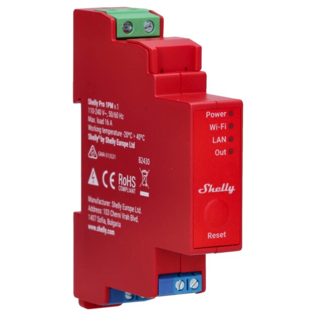 Shelly WLAN LAN PRO 1PM 1 Kanal 16A AC 110-240V Schaltermodul auf DIN-Schiene Verbrauchsmessung – Wi-Fi • Hutschine • Leistungsmessung • Relais