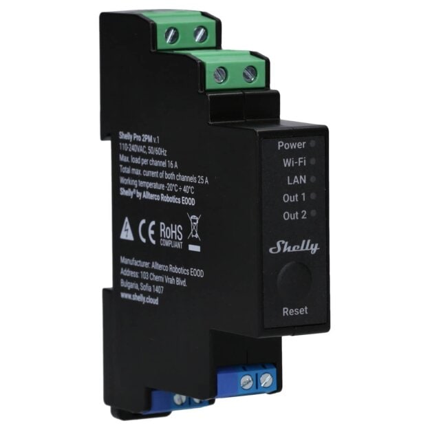 Shelly Schaltermodul auf DIN-Schiene 2 Kanäle 1-phasig 2x16A 110-240V AC Verbrauchsmessung WLAN LAN PRO 2PM – Wi-Fi • DIN‑Schiene • Leistungsmessung • Relais