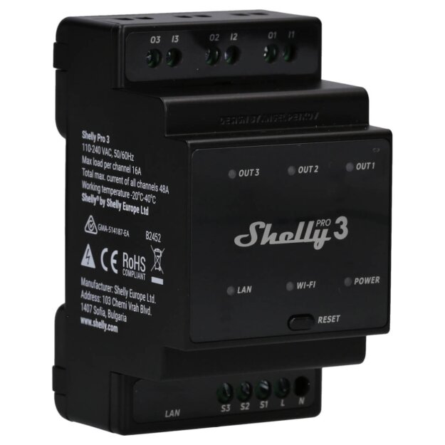 Shelly Schaltermodul auf DIN-Schiene 3 Kanäle 3-phasig 3x16A max. Belastung 48A WLAN LAN Bluetooth PRO 3 – Wi-Fi • DIN‑Schiene  • Relais