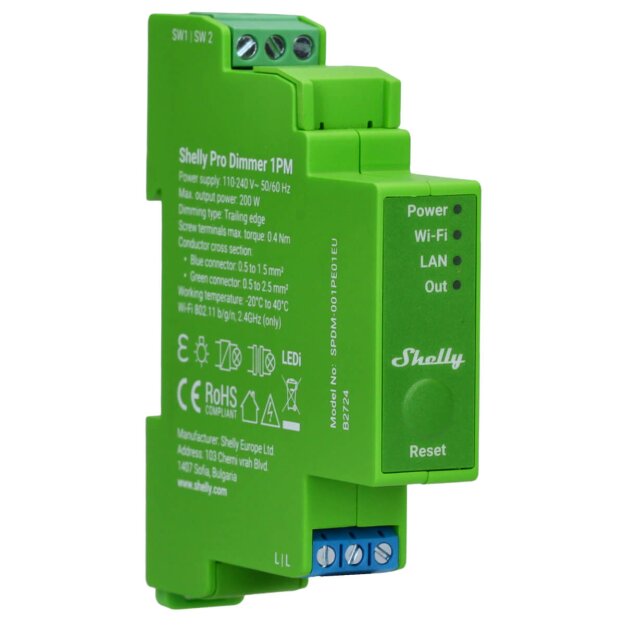 Shelly Dimmermodul auf DIN-Schiene 1 Kanal WLAN LAN PRO DIMMER 1PM – Wi-Fi • DIN‑Schiene • Leistungsmessung